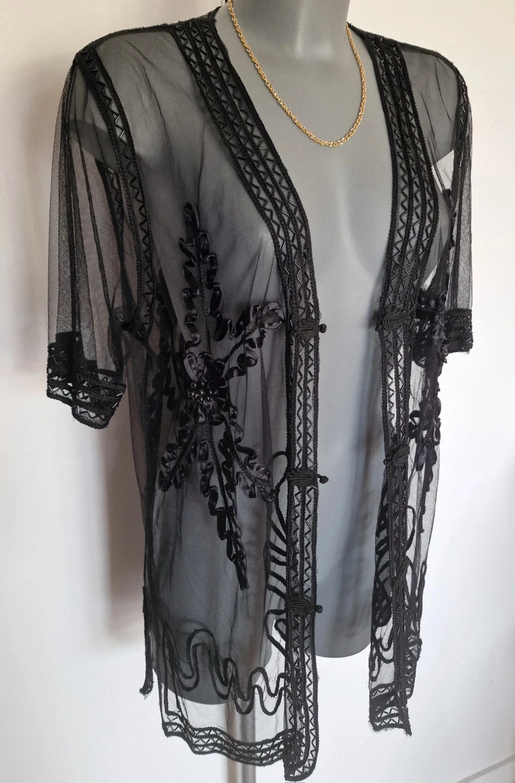 Quimono oriental preto transparente bordado com miçangas estilo boêmio chique – photo 13